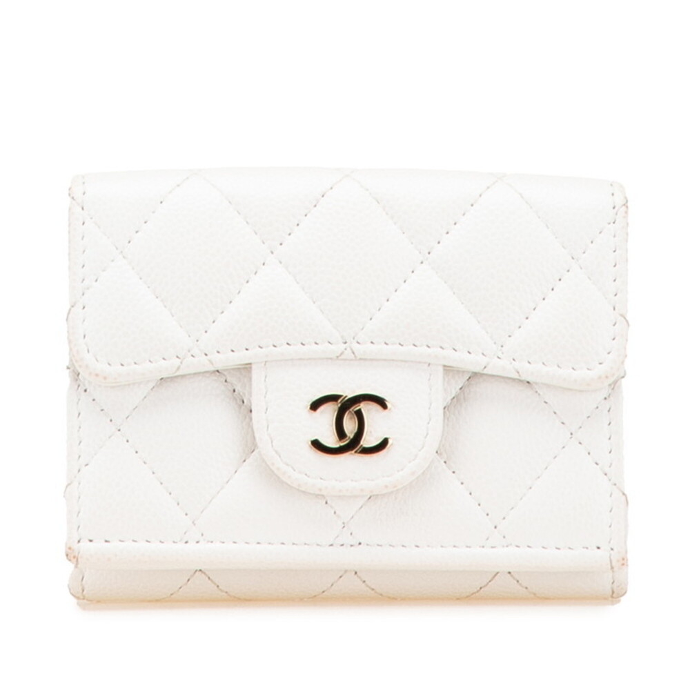 CHANEL Authentic White Caviar Leather Logo Wallet